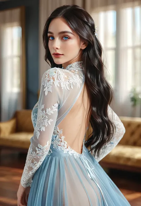 a beautiful woman with captivating blue eyes, long lashes, and flowing hair, posing elegantly in a sheer, lace backless dress, e...