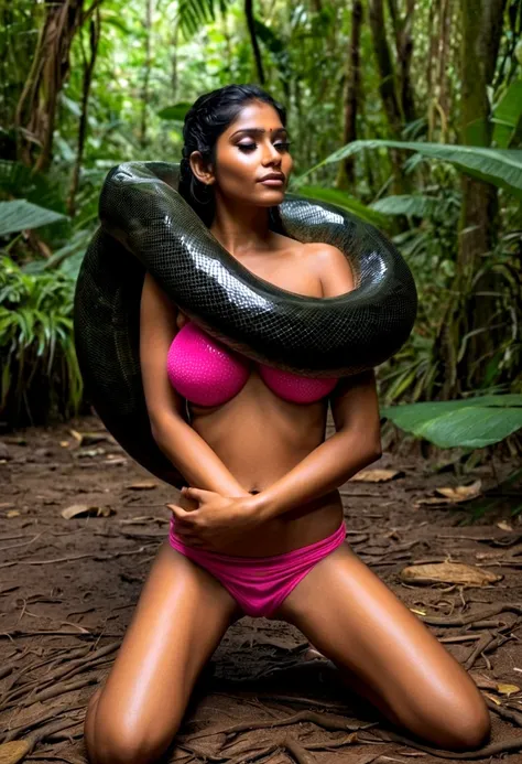  Topless  pink thong wearing aroused horny beautiful happy young Indian teen girl vs  Giant colossal black anaconda monster wrapped around her body squeezing her in coiled embrace cuddling and kissing  sexual erotic bestiality  sex  realistic in the rainfo...