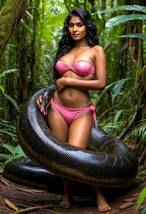  Topless  pink thong wearing aroused horny beautiful happy young Indian teen girl vs  Giant colossal black anaconda monster wrapped around her body squeezing her in coiled embrace cuddling and kissing  sexual erotic bestiality  sex  realistic in the rainfo...