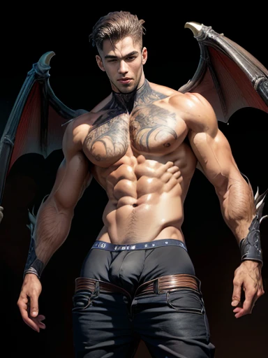 ((obra de arte, melhor qualidade, high resolution)) A handsome man with black demon wings, olhos vermelhos, Orelhas pontudas, muscular