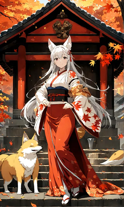 （Fox ears），Mature and elegant sister，身穿kimono的女性、long hair，（kimono，White tabi socks and clogs），shrine，shrine的少女，gentle smile，美丽的shrine风景，autumn,maple，Anime Background，Japanese art style,, 8K，Fallen Leaves