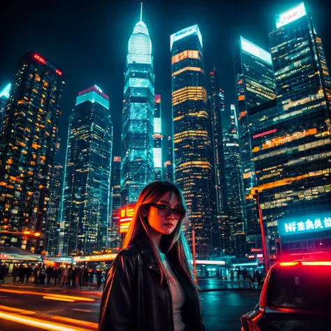 "Futuristic cityscape at night with tall skyscrapers and neon lights. In the foreground, a female android stands, appearing almost human with some visible metallic elements. She has a kind and determined expression. Warm light surrounds her, symbolizing ho...