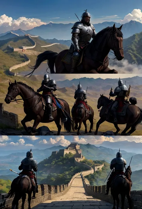 arafed image of a group of men in armor with a castle in the background, invading army background, background of invading army, 장대한 Battle scenes, scene from live action movie, background: Battle scenes, heroic Battle scenes, The Great Wall of China, huge ...