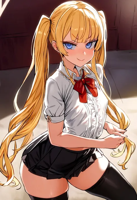 masterpiece, best quality, 1girl, solo, bangs, long hair, blonde hair, twin tails, blue eyes, smug, smile, small breasts, white blouse, short sleeves, red bow, black skirt thigh-highs, , looking at viewer, panty, cowboyshot