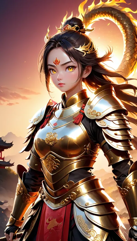 Chinese warriors wore suits of magnificent armor, One boy, From below, A complex Chinese dragon was wrapped around the body of a warrior, Hall々Standing proudly, Emanating strength and power, Dragon scales shimmer in sunlight、I was prepared to face all the ...