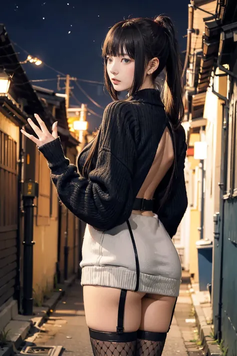 (((nsfw0.8))),Looking into the camera,(((Highest quality, 8k, masterpiece))), ponytail,Sharp focus, (Beautiful woman with perfect figure), thin, (Hairstyle: wonderful)), ((Back alley at night)), street: 1.2 非常に詳細な顔と肌の質感詳細な目double eyelidランダムな姿勢, (smile), Re...