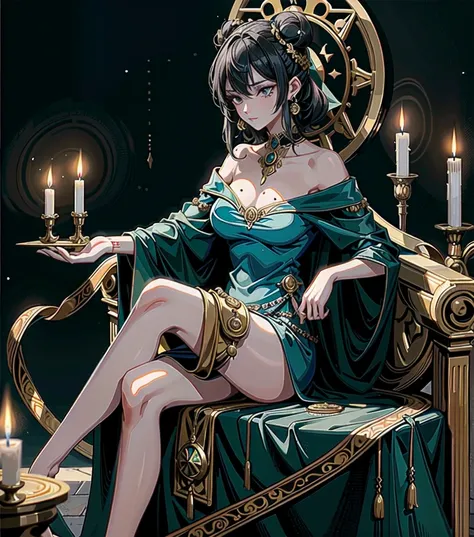 whole body, earring, medium hair, medium tits, tearful mole, dress, off-shoulder, bare collarbone, a beautiful fortune teller, ornate tarot cards, candlelit room, flowing robes,