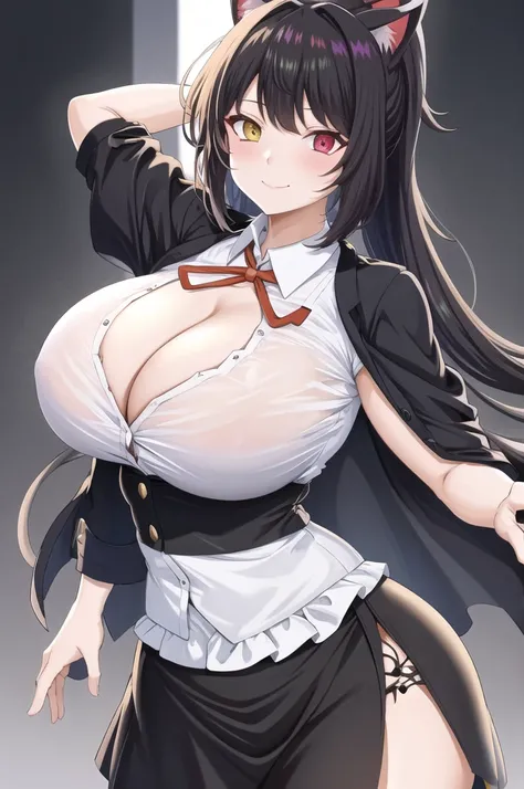 Chomiku Plus Style, Upper Body, Button gap,  Neck ribbon, smile, black good, Black Hair, One girl, ponytail, good, Simple Background, White Background, Huge breasts, See-through, skirt, breast focus, good visible through clothes, Mouth closed, alone, colla...