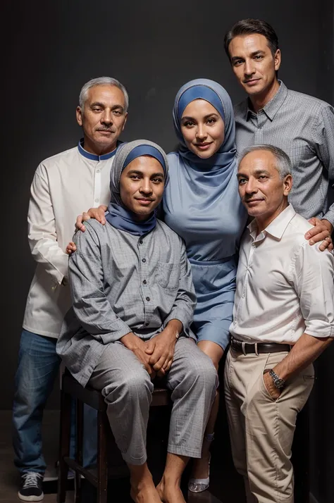 photo family of 3 people, 1 man 50 year old father with slightly gray hair sitting with a 1 girl 45 year old mother wearing a hijab, and 1 boy 20 year old son standing behind while embracing his father and mother, wearing matching formal clothes  , happy e...