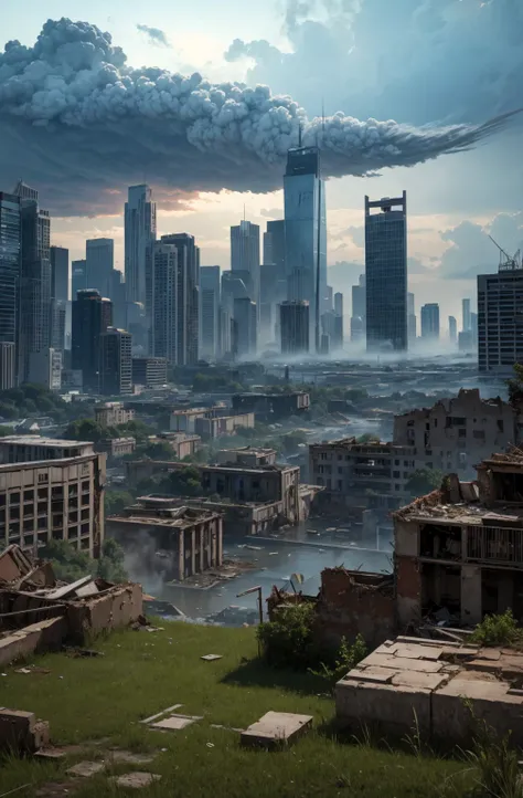 Apocalypse, city ruins, grass, water, ultra-detailed, realistic, 4k