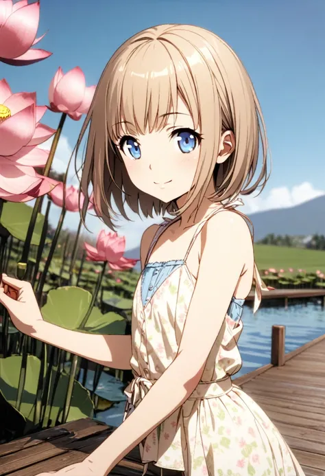 1 girl, 18yo, (flat chest: 1.5), blue eyes, light brown hair, bob cut, early summer outfit, smiling, posing, having fun, upper body, A lotus pond with many blooming lotus flowers, boardwalk, blue sky, 8k, RAW photo, best quality, masterpiece, extremely det...