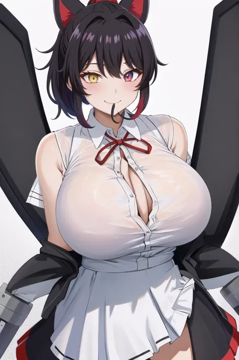 Chomiku Plus Style, Upper Body, Button gap,  Neck ribbon, smile, black good, Black Hair, One girl, ponytail, good, Simple Background, White Background, Huge breasts, See-through, skirt, breast focus, good visible through clothes, Mouth closed, alone, colla...