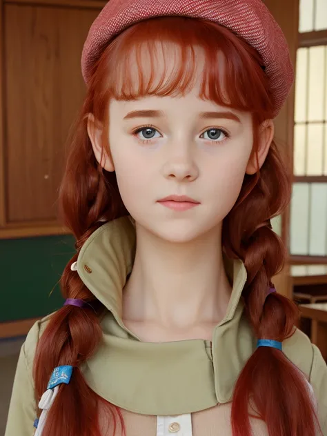 (best quality,4k,8k,highres,masterpiece:1.2),ultra-detailed,(realistic,photorealistic,photo-realistic:1.37), ((classroom, school girl, she wears dress and beret, shy, braided red hair, pale skin)), ((slim body, very large bust size for her young age))