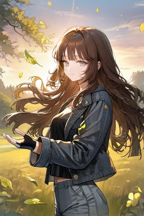 1 girl, CuteStyle, blue eyes, brown hair, long hair with bangs, flowing hair, upper body, dressed in a black T-shirt and gray shorts, black fingerless gloves, black denim jacket unbuttoned with long sleeves, standing in a field, grass, trees on the horizon...