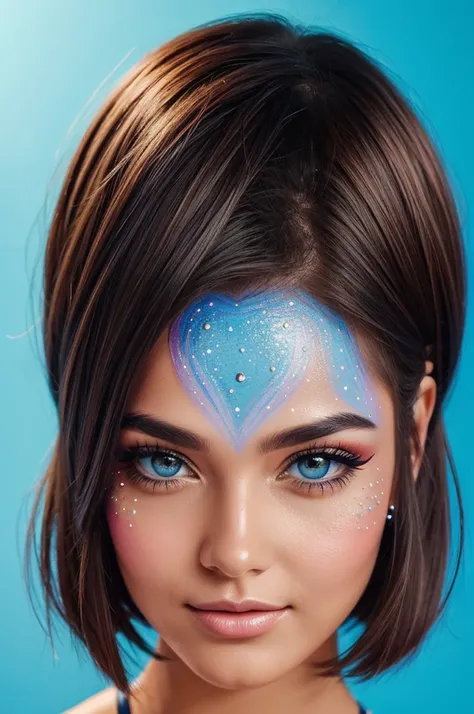 woman face painting In the sparkling eyes have determination Shoulder length short bob The drawing uses bright colors alternating with cool tones, creating a feeling of emotional conflict.