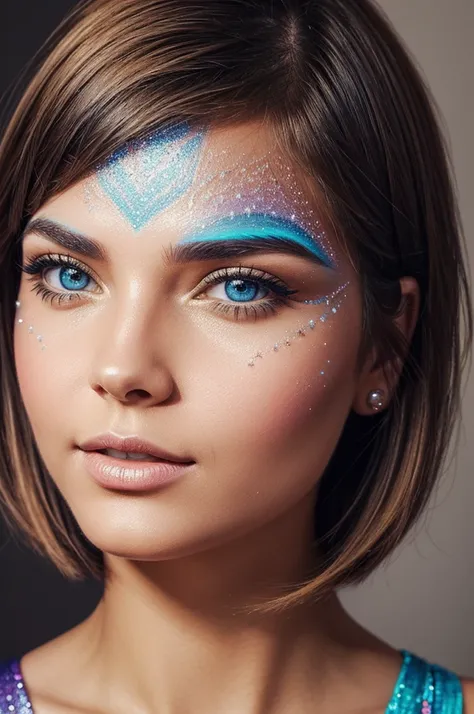 woman face painting In the sparkling eyes have determination Shoulder length short bob The drawing uses bright colors alternating with cool tones, creating a feeling of emotional conflict.