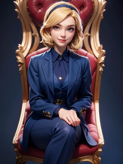 3DMM Style, (Masterpiece, Top Quality, Best Quality, Official Art, Beauty and Aesthetics: 1.2), (Fractal Art: 1.3), 1 Girl, Beautiful, High Detail, Blonde, Short Hair, Hairband, Dark Light, Smiling Face, Sitting in a Noble Chair, Sky, Medium Background, Fl...