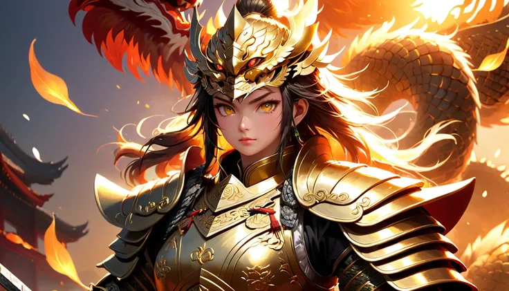 Chinese warriors wore suits of magnificent armor, One boy, From below, A complex Chinese dragon was wrapped around the body of a warrior, Hall々Standing proudly, Emanating strength and power, Dragon scales shimmer in sunlight、I was prepared to face all the ...