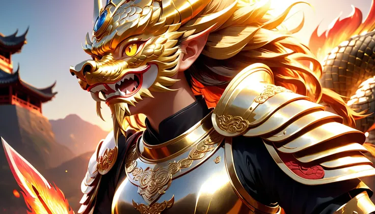 Chinese warriors wore suits of magnificent armor, One boy, From below, A complex Chinese dragon was wrapped around the body of a warrior, Hall々Standing proudly, Emanating strength and power, Dragon scales shimmer in sunlight、I was prepared to face all the ...