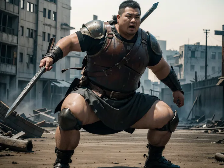 looking at us, Staring Intently, face focus, Bandit, Fat ferocious barbarian:2, This barbarian is a robust stocky Japanese, smirking, lets out a yell, mid combat, intense battle scene, leather and iron armor, armored short skirt, holding a Viking War Axes,...