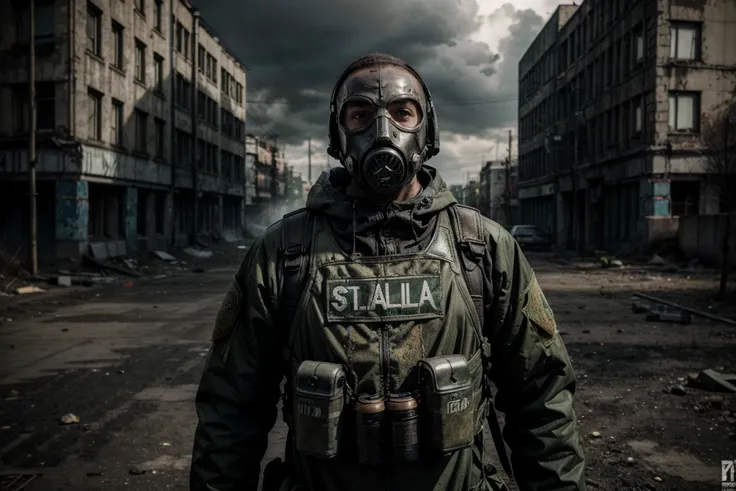 man in gas mask and gas mask holding a gun, heavy bulletproof vest, stalker patch, S.T.A.L.K.E.R., anomaly, USSR, soviet ruins, poison clouds, blood on clothes,