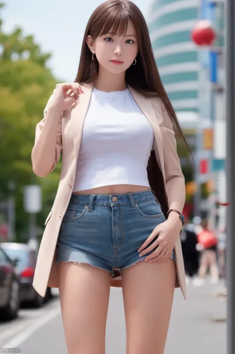 a beautiful face of a 19 year old actress, perfect proportions of womans body, blazer is worn with t-shirt, womans crotch and thighs, low rise denim shorts are worn without panties, vagina is able to see because shorts are loose, at street, standing, nsfw,...