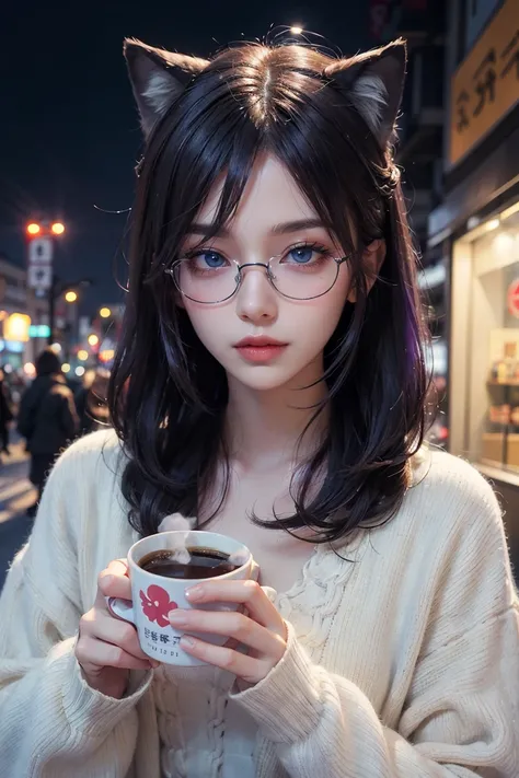 ((best quality)), ((masterpiece)), (detailed), perfect face 1 girl, purple hair, beautiful hair, blue eyes, make up, perfect face, perfect body, winter, tokyo, night, coffee, glasses, wolf cut hairstyle