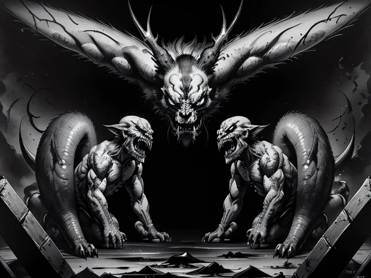 monochrome).(rule of thirds),((hyper-realistic illustration:1.4)), inkstyle. a group of grotesque low level demons, with razor s...