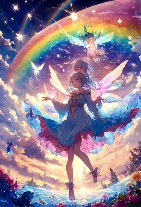 Mysterious glowing spell casting girl, ((Fantasy Rainbow Ocean)), Vibrant colors, Fantastic Light, Detailed speech bubbles, Magical atmosphere, Nice views, Dreamy atmosphere, Sparkling, Loose-fitting robes, The magic touch, Mysterious creatures, ((Sparklin...