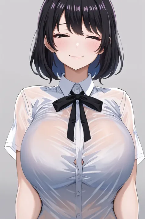 Chomiku Plus Style, Upper Body, Button gap,  Neck ribbon, smile, black good, Black Hair, One girl, good, Simple Background, White Background, gigantic breasts, See-through, , breast focus, good visible through clothes, Mouth closed, alone, collared shirt, ...