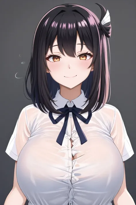 Chomiku Plus Style, Upper Body, Button gap,  Neck ribbon, smile, black good, Black Hair, One girl, good, Simple Background, White Background, gigantic breasts, See-through, , breast focus, good visible through clothes, Mouth closed, alone, collared shirt, ...