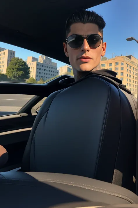 masterpiece, best quality, photo taken from canvas, which depicts 22-year-old Dmitry Romano, gorgeous, attractive, with a neckline, in a black hoodie, (bad guy) (short haircut) (long platinum hair), ((black sunglasses)) driving down the street in a BMW, he...