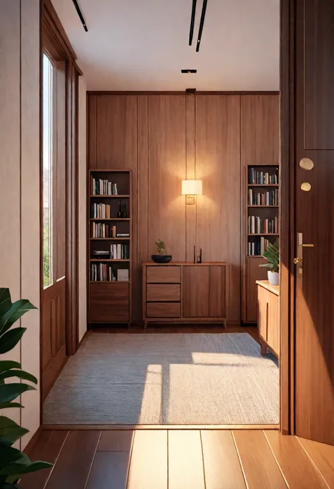 (best quality, 4k, 8K, high resolution, masterpiece: 1.2), Very detailed, (nobody: 1.5), Outside the door，Open door， indoor，cozy indoor, lamp, bookshelf, Potted plants