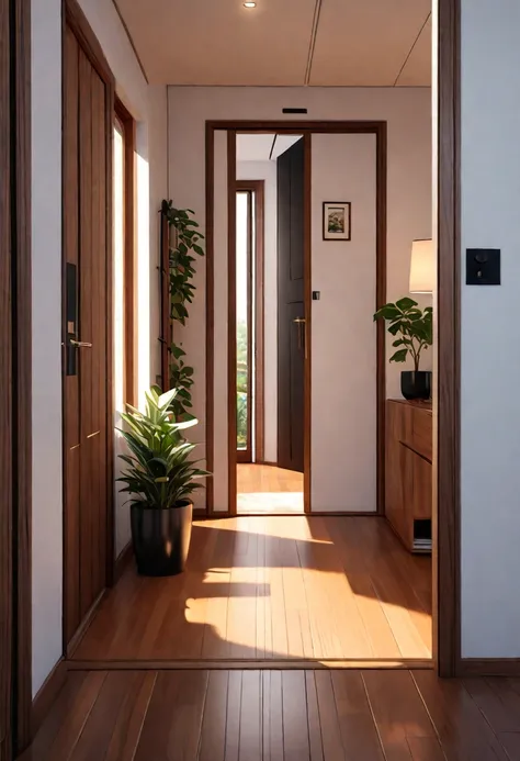 (best quality, 4k, 8K, high resolution, masterpiece: 1.2), Very detailed, (nobody: 1.5), Outside the door，Open door， indoor，cozy indoor, lamp, bookshelf, Potted plants