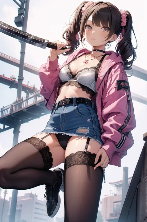 masterpiece, Highest quality, pretty girl, 16 , Scrunchie hair ornament, Twin tails,denim pencil mini skirt,hoodie, Patterned stockings, Leg belt, necklace, skinny , Pink and black bra,((showing off lace panties)),sword,knife,Japan holding a sword,assassin...