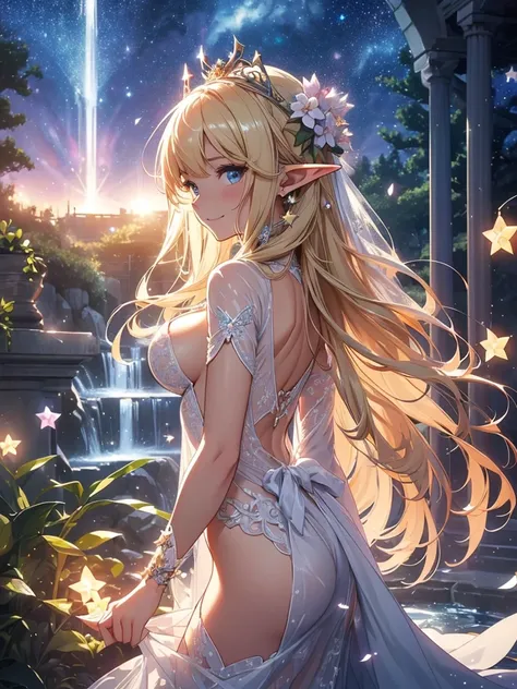 最high quality、Beautiful starry sky at night、1 woman elf 、Bathing、waterfall、CourtyardShining fairy wings、NP: Worst quality ,Flower fractal art　　Wet、Being in the water、see-throughbodystocking,Beautiful side shot, radiance,High-definition depiction, Realistic...