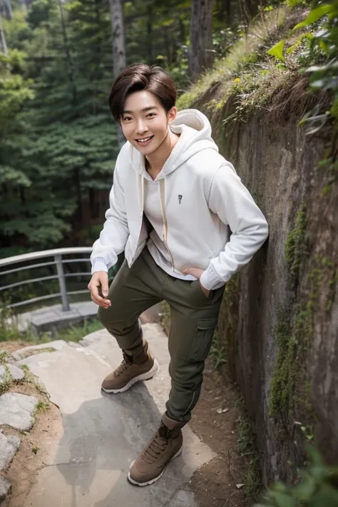 photo taken from above, full body, photography, realistic, an korean man (( oval and clean face, thin body, wearing a hoodie jacket, cargo pants, brown boots)), carrying on his back a beautiful korean woman, both smiling faintly, looking at the viewer, on ...