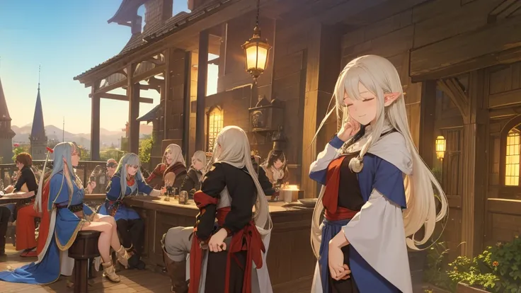 Anime Style,The medieval world,A lively bar with many people,Beautiful sky,Beautiful bard elf girl with closed eyes