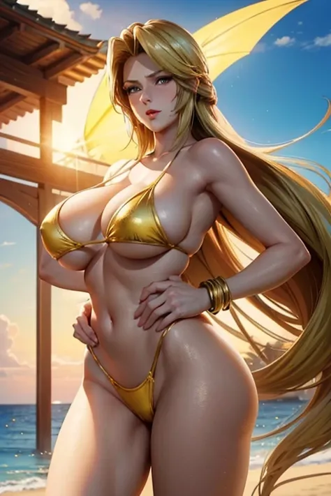 (Strong sunlight)Golden Bikini
(Triumphant Face:1.5), The face we&#39;re looking for,8k(A slightly shy smile)
woman,Huge ,very red lips,Emphasis on huge breasts,Big Ass,Thin waist long legs,Green Eyes, Emphasis on huge breasts,Greenish blue eyes 8k(Anime s...