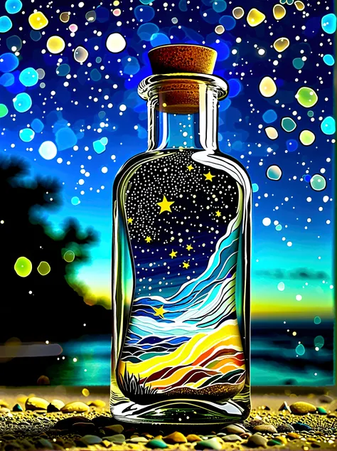 starry sky van gogh painting trapped inside a hourglass bottle. color and starry skies spilling out of the bottle and pooling on...