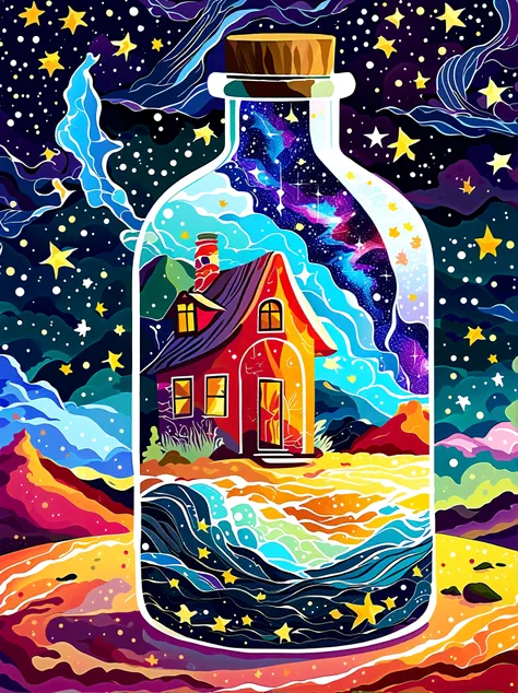 starry sky van gogh painting trapped inside a hourglass bottle. color and starry skies spilling out of the bottle and pooling on...