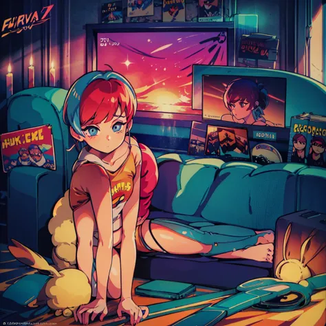 (masterpiece), highest quality, expressive eyes, neon pastel aesthetics, retro 90s, neon color,((girl sitting on sofa,in a cozy ...