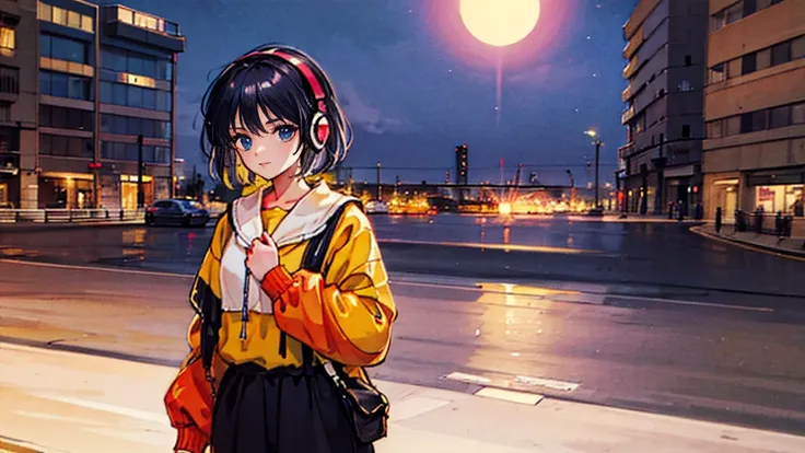 Black short Hair, night, black jacket, One Woman, street, Headphone, cyber city, Delicate background、Masterpiece