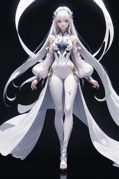 beautiful void goddess, wearing white transparent clothes, standing under the empty night sky, disappearing transparent pants, f...