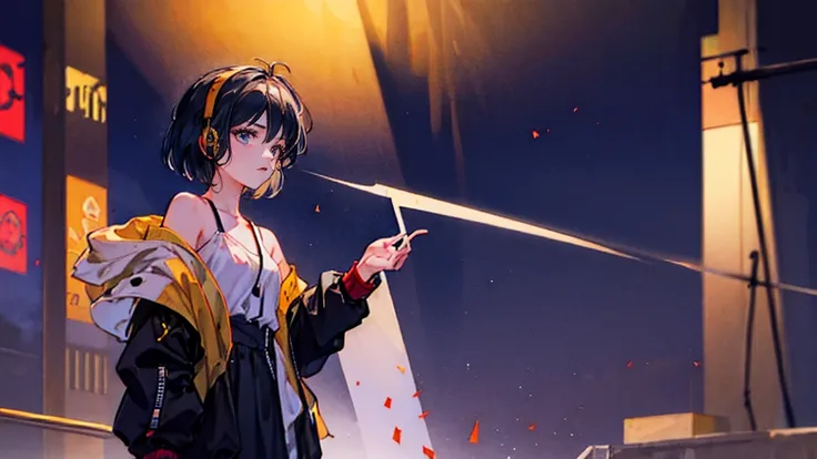 Black short Hair, night, black jacket, Girl looking to the side、 Headphone, cyber punk city, Delicate background、Masterpiece