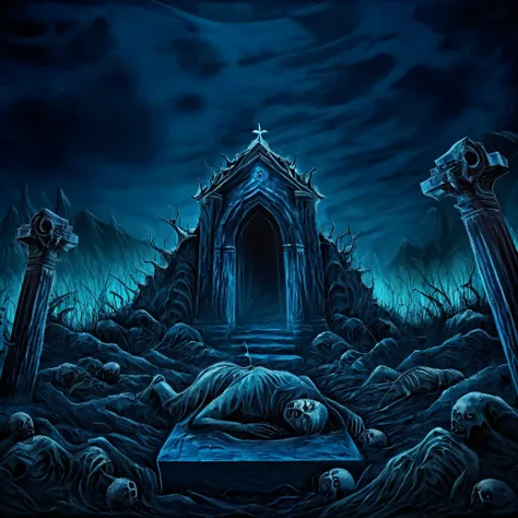 Aesthetic grave image, tense horror atmosphere, blue and black dominant background, best image quality, realistic and detailed