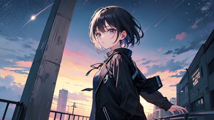 Black short Hair, night, black jacket, Girl&#39;s profile, upper body only、Headphone, cyber punk city, Delicate background、Masterpiece