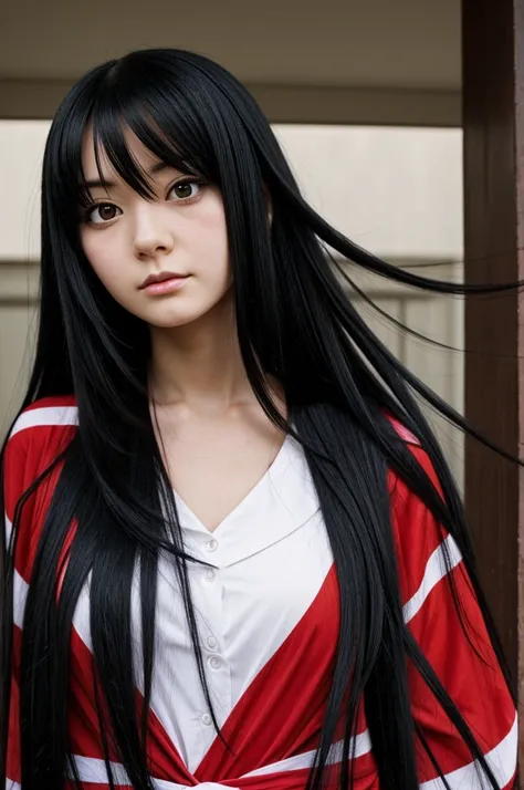 Anime girl with long black hair and red hair stripes, psycho face