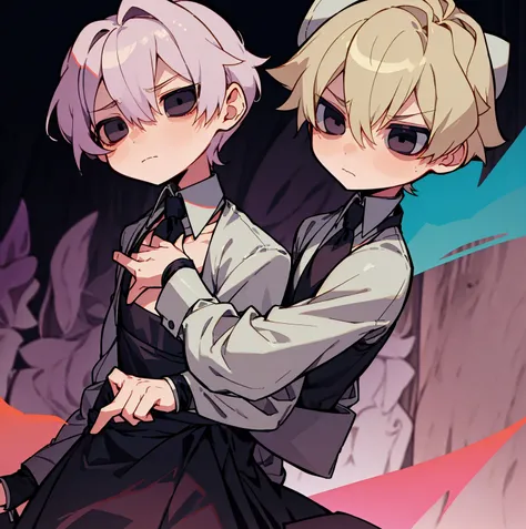 tegaki chibi 2boys pastel colors gradient flat chest yaoi gay boys love gothic rose blonde silver hair gray eyes black eyes aesthetic angry