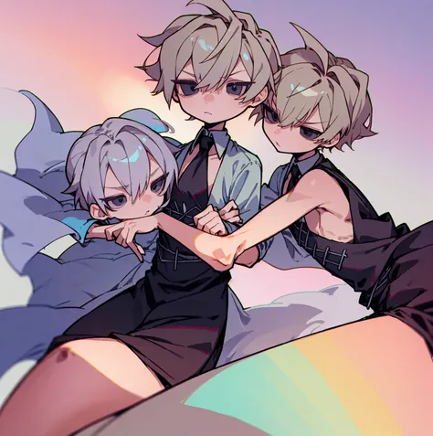 tegaki chibi 2boys pastel colors gradient flat chest yaoi gay boys love gothic rose blonde silver hair gray eyes black eyes aesthetic angry